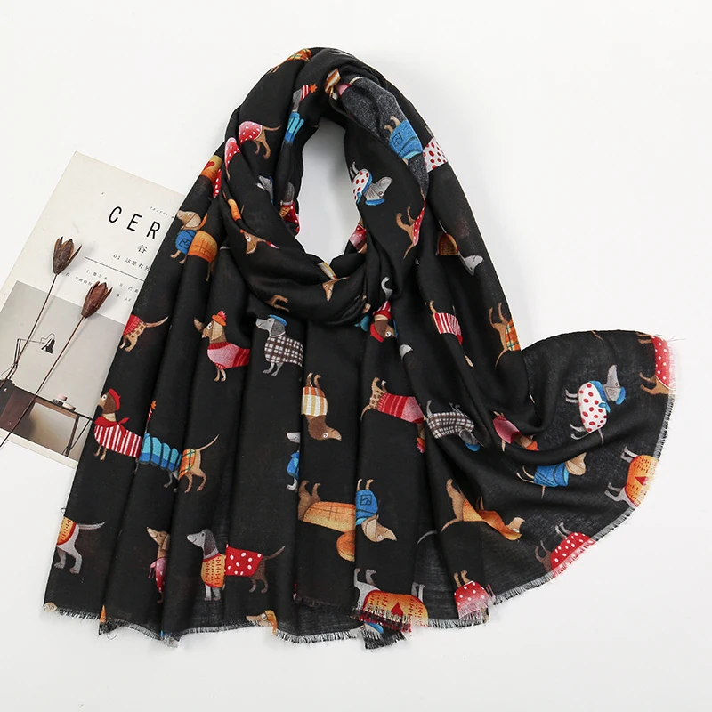 2024 Hot Sale Animal Scarf Tassel Viscose Shawl Dachshund Dog Cat Pattern Scarves Women Muslim Hijab Cute Head Wraps Muffler