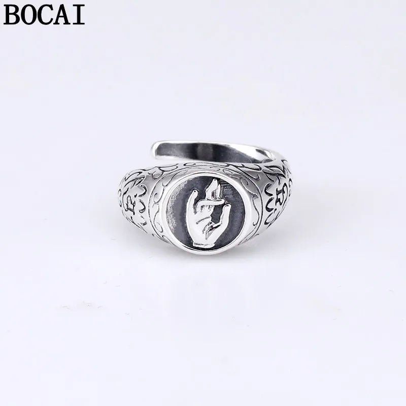 BOCAI New S925 Sterling Silver Vintage Lotus Flower Buddha's Hand Ring Men's and Women's Selected Gift