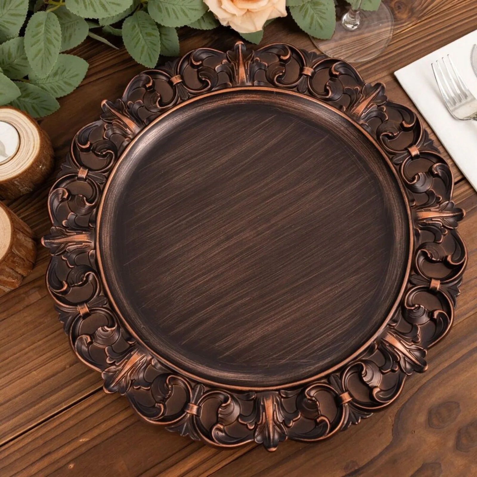 

6 Dark Brown 13 in Aristocrat Style Round CHARGER PLATES Embossed Rim Events United States