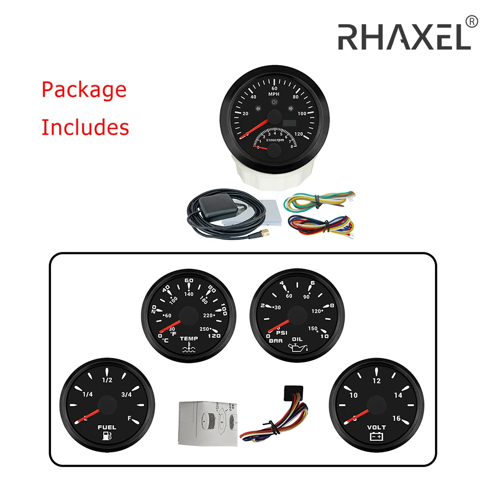 RHAXEL 5 Gauge Set 85mm Speedometer GPS 120 200 MPH with Tachometer Fuel Level Water Temp. Oil Pressure Voltmeter 12V for Auto