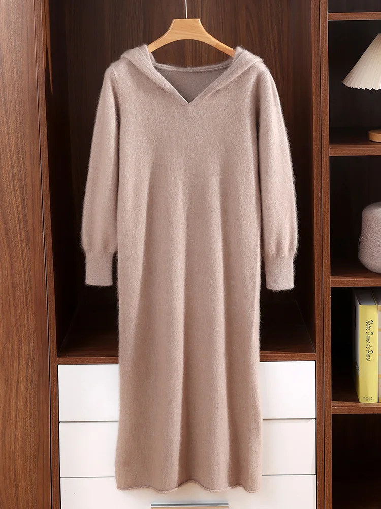 TLOML المرأة 100% المنك الكشمير فستان هوديي البلوز نمط غير رسمي الخريف الشتاء الصلبة لينة الدافئة الكشمير محبوك فستان طويل #3
