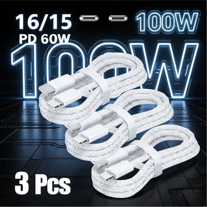3 pçs 100w usb c para usb c cabo de carregamento super rápido trançado tipo c cabo para iphone 16 15 samsung galaxy xiaomi huawei smartphones