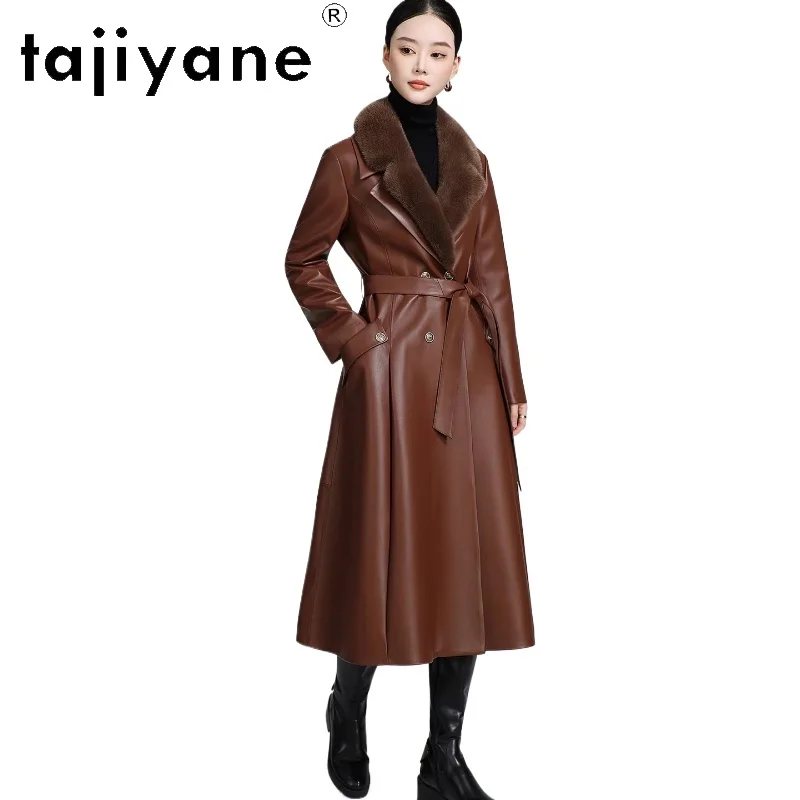 TAJIYANE 100 % genarbtes Schaffell, weißer Gänsedaunenmantel für Damen, lange Pufferjacke aus echtem Leder mit Nerzkragen, 2025, Winter