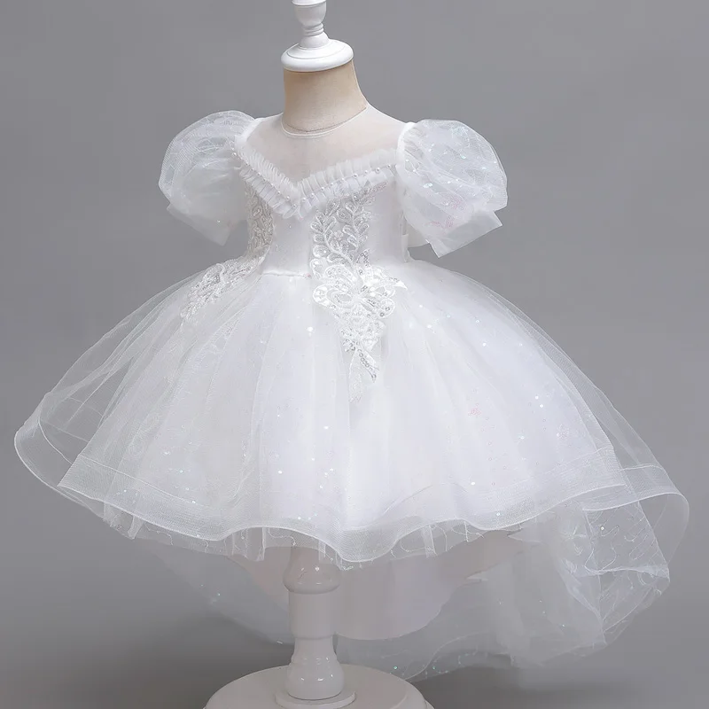 فستان سهرة بذيل سهرة للفتيات الصغيرات مع أكمام منتفخة شبكية لحفلات أعياد الميلاد فستان الأميرة للأطفال البنات