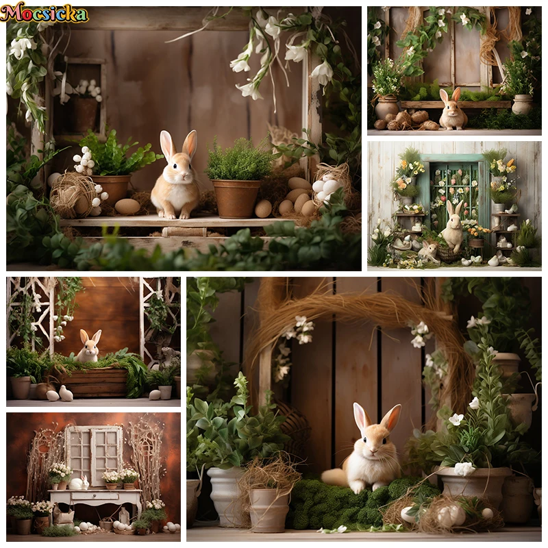 Spring Easter Rabbit Background For Photography Green Plant Flower Baby Shower Girl Birthday Newborn Backdrop Decor Photo Studio