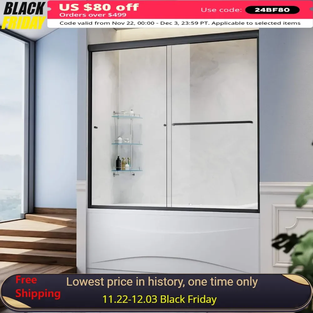 60 in. W X 57 in. H Shower Doors, 1/4 in. Clear Glass, Black Hardware, Double Sliding Glass Shower Doors