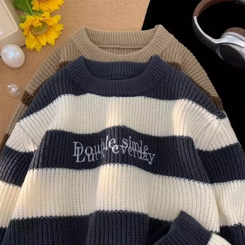

Autumn Men's Letter Printed Patchwork Striped Sweaters Y2K Vintage Crewneck Knitted Pullovers New High Street Fashion Knitwear