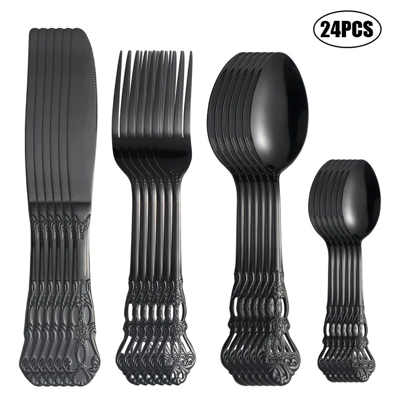 4/6/16/24pcs Stainless steel black knife, fork and spoon tableware set, palace high-end tableware, suitable for family hotel par