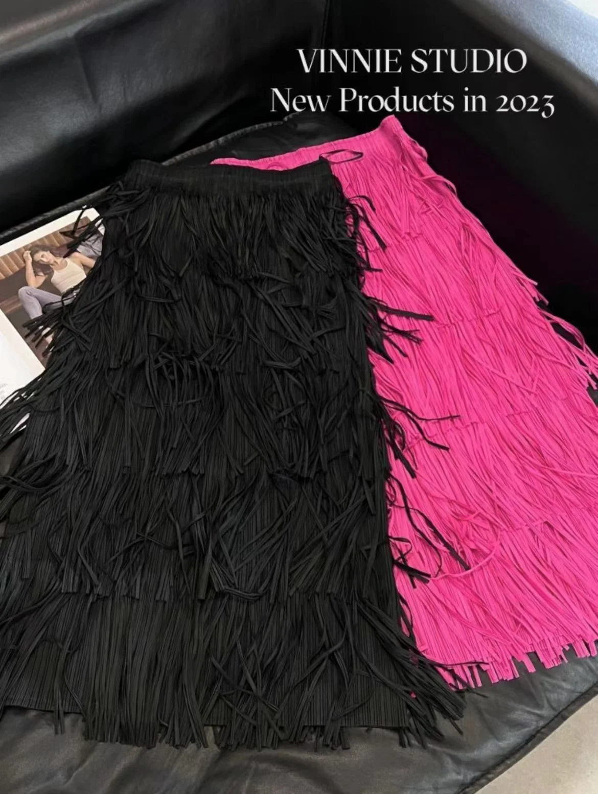 Spring/Summer Vacation 5-Layer Fringe Tassel Skirt in Bold Red, Black, Hot Pink - Cake Midiirt