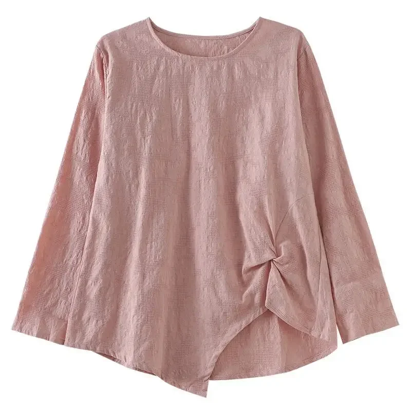 Koszulka damska na jesień, wyszczuplająca, asymetryczna bluzka, retro, bawełna i len, plisowana, z długim rękawem.