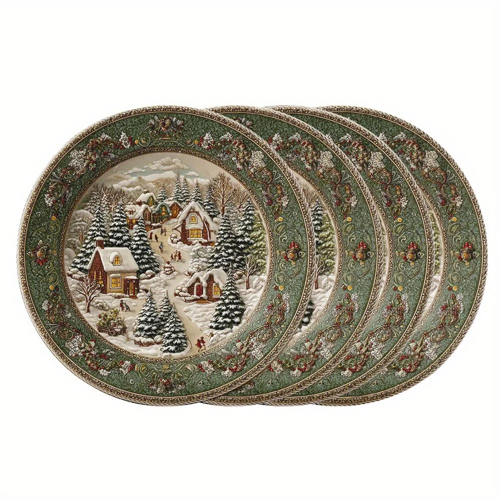 VIKAMA 4PC Winter Solstice Schnee Landschaft Mahlzeit Matte Kiefernwald Schneemann Esstisch Desktop Dekoration und Zubehör