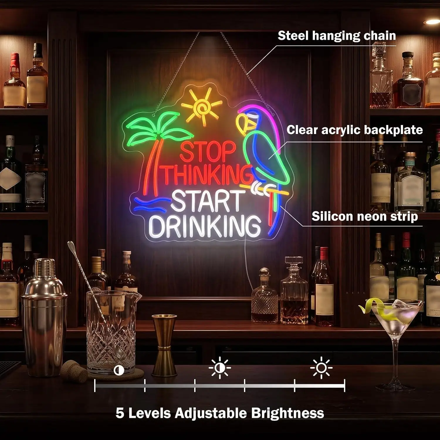 Stop Thinking Start Drinking Neon Sign LED Lights For Bar Summer Night Party Supplies Club Backdrop Parrot Palm Tree Wall Decor