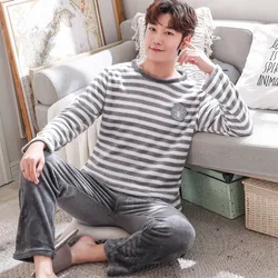 Thicken Warm Coral Fleece Pajamas Set Men Long Sleeved Cartoon Winter Leisure Pyjama Home Cloth Autumn Fashion Men Sleepwear Top