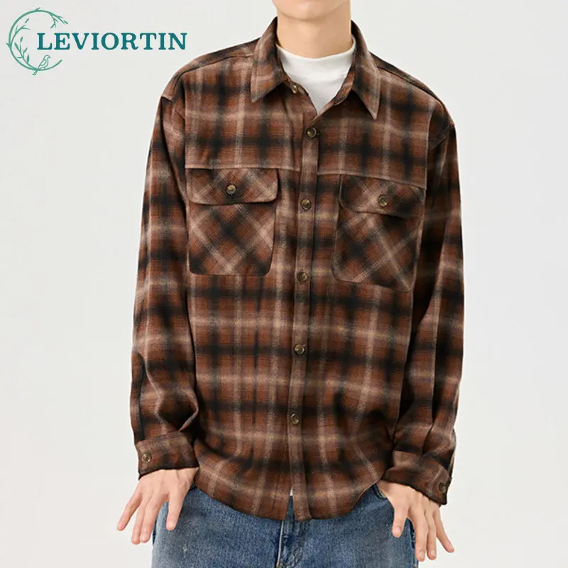 Spring and Autumn Japanese Retro Men's Checkered Long sleeved Shirt with Brushed Double Pocket Design Trendy Brand Casual Shirt