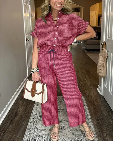 Summer Stripe Casual Comfortable Belted Women's Short Sleeve Long Pants Set Fashionable And Relaxing Outfit for Women