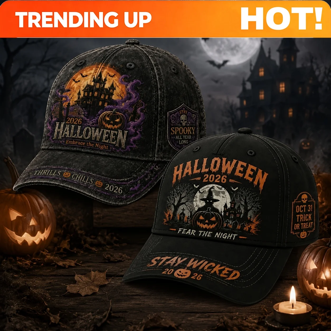 Customization Unisex Halloween 2026 Baseball Cap, 2 Styles Available, Embrace The Night/ Stay Wicked Adjustable Hat, Vintage Hau