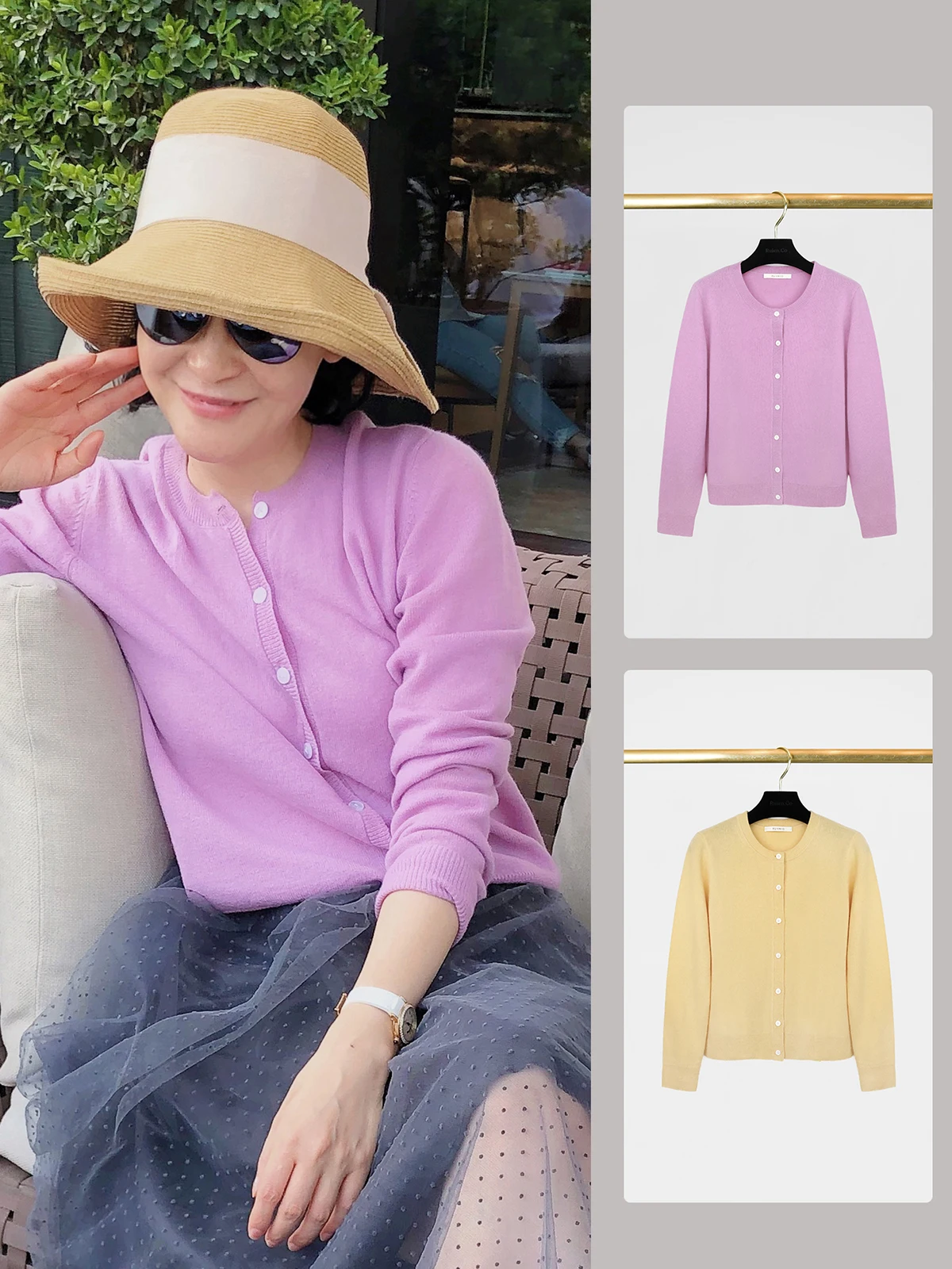 

Woolen Knitted Long Sve round Ne Open Cardigan Purple Hyacinth And Oilseed Rape Flower 00% Initial Cut Women's Faion