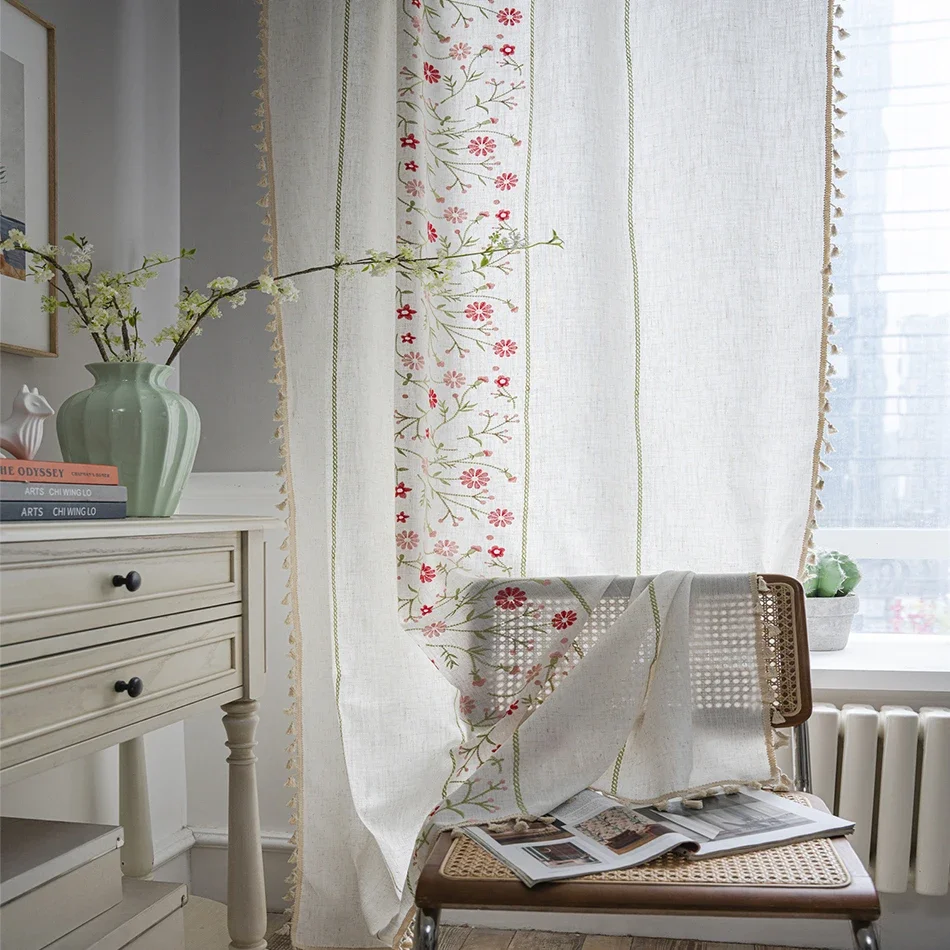 

Cotton Linen Embroidery Curtains Road Pocket Shade Curtain Tassel for Kitchen Bedroom Living Room Bay Window Cabinet Curtain