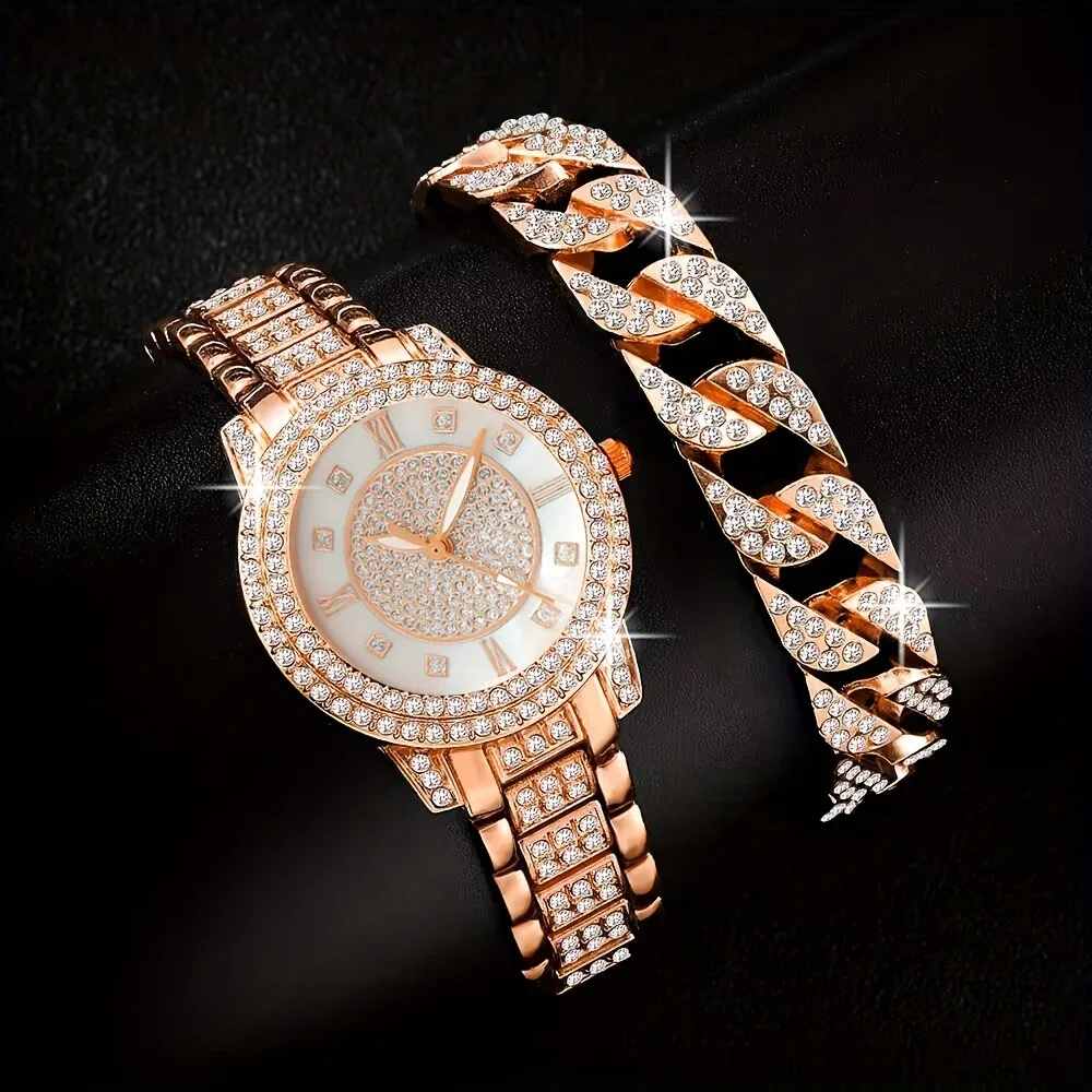 2pcs/set Women's Watch Luxury Rhinestone Quartz Watch Rome Fashion Analog Wrist Watch & Bracelet, Gift For Mom Her
