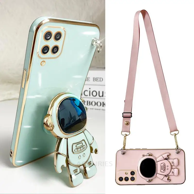 A 12 22 Crossbody Lanyard Plating Case For Samsung Galaxy A12 A22 M32 4g 5g M53 M33 M12 Silicone Astronaut Holder Cover M 33 32