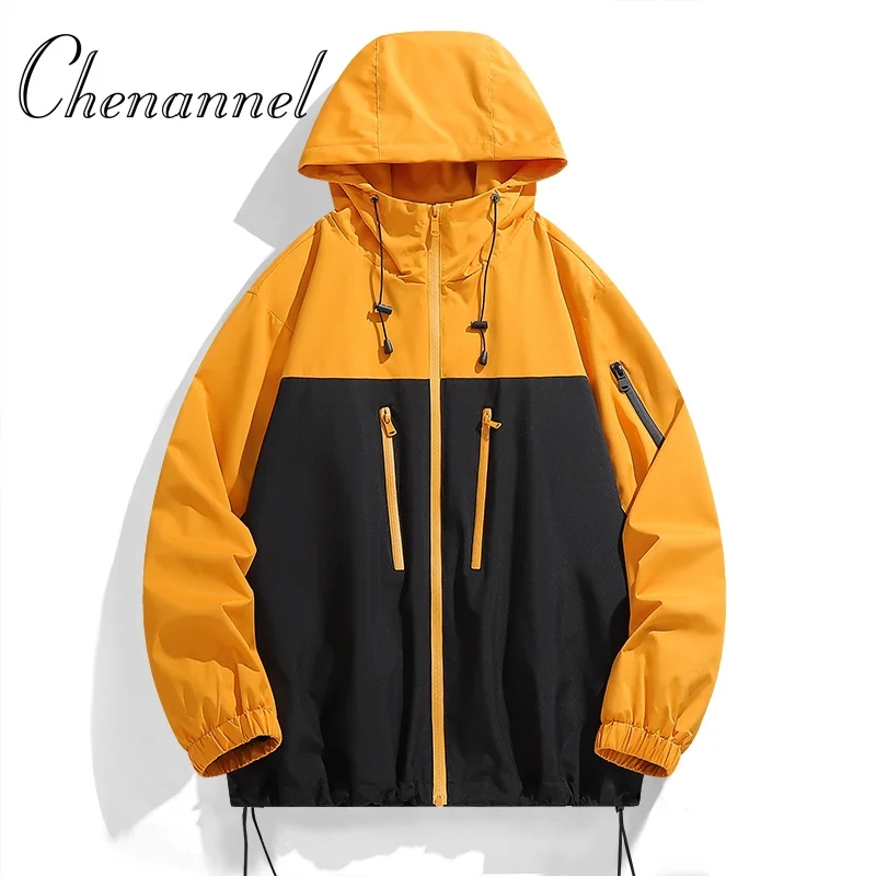 سترة تسلق الجبال مقاومة للماء بلون سادة للرجال سترة رياضية مقاومة للرياح سترة بقلنسوة لركوب الدراجات في الهواء الطلق سترة تسلق الجبال