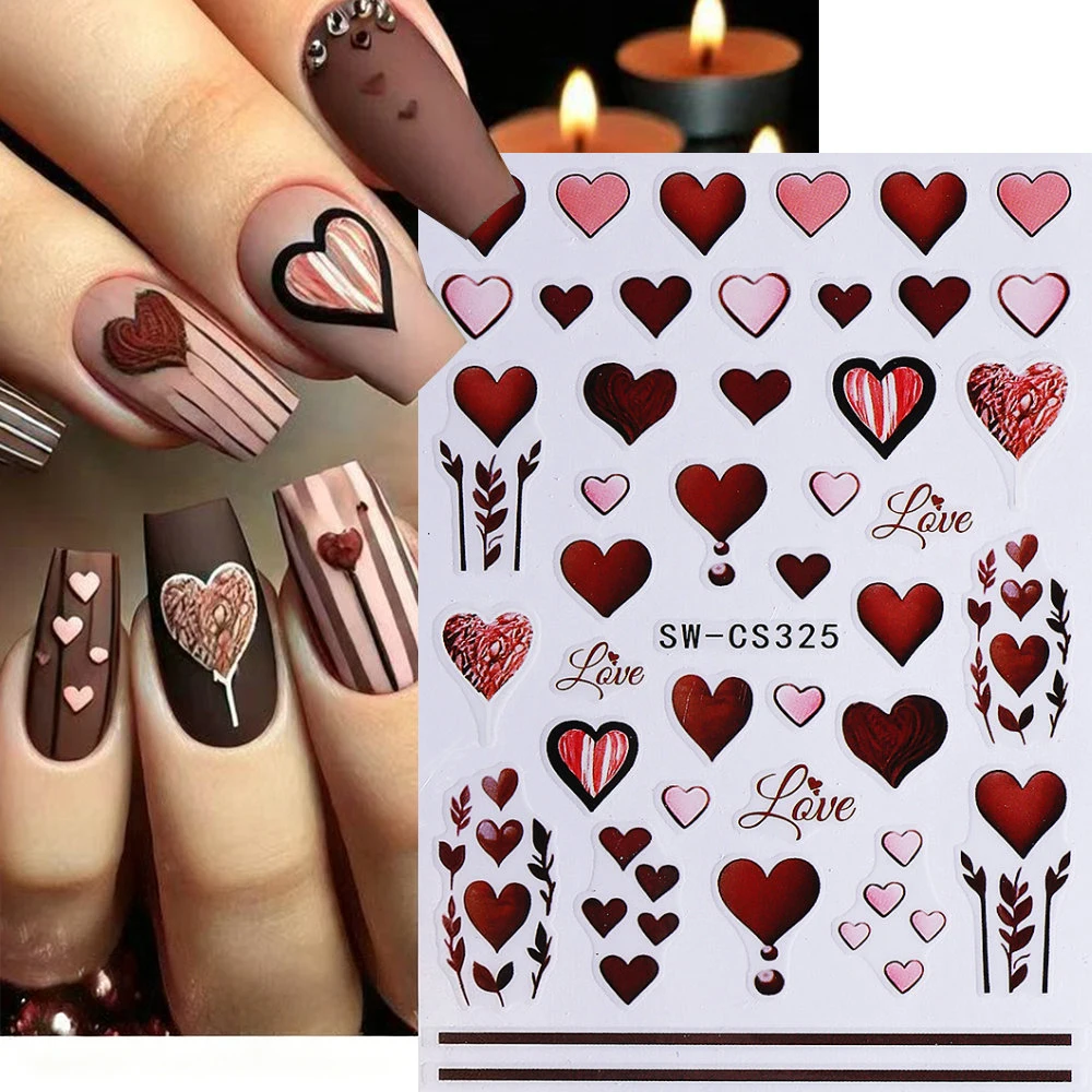 3d coração vermelho dia dos namorados decalques da arte do prego amor rosa romântico auto-adesivo etiqueta do prego diy namorados manicure decoração suprimentos