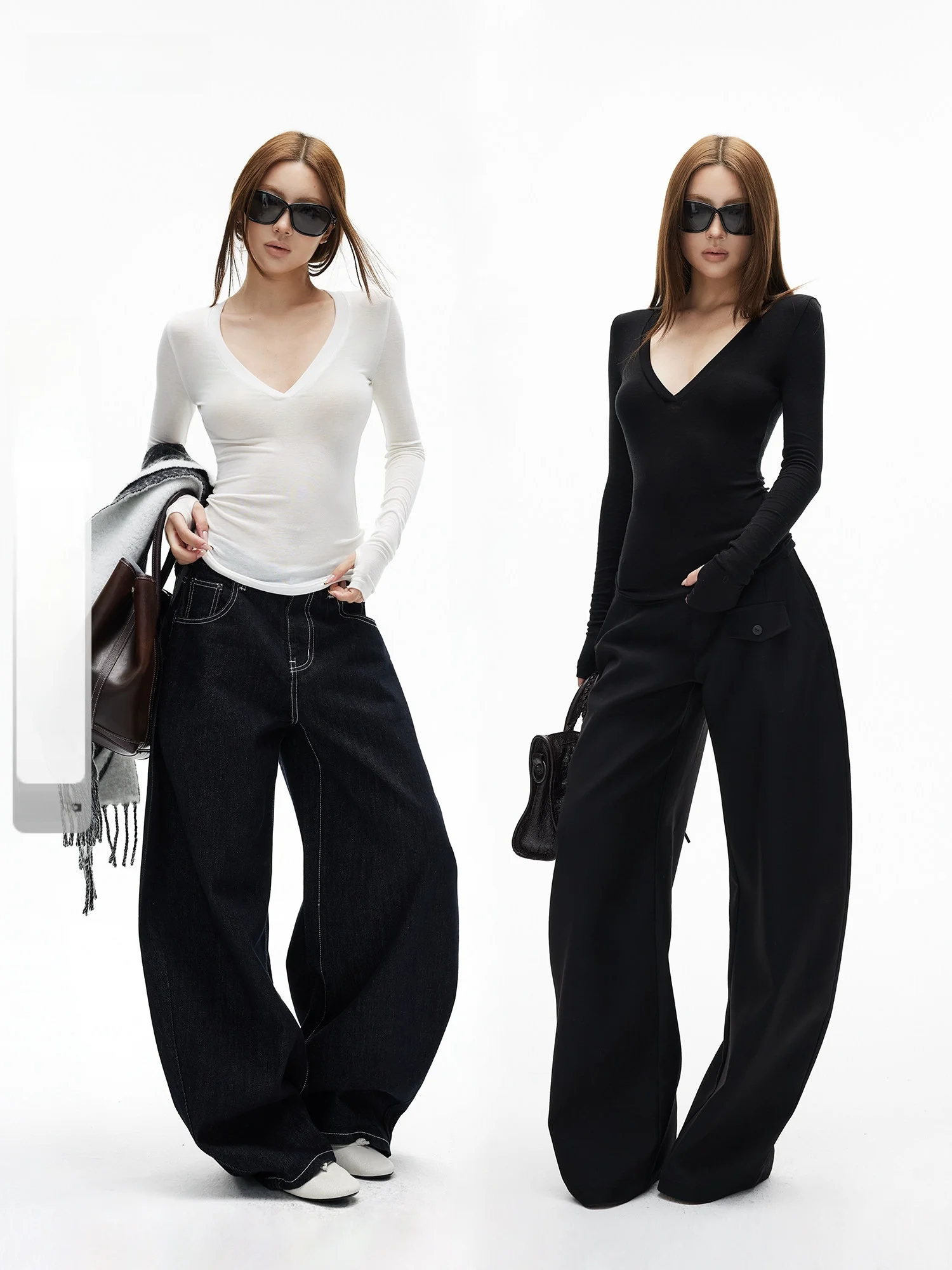 

Iamxiaa Silk Wool Elastic Knitted Deep V Long Sleeve Thumb Hole Slim Fit Basic Black White Double Color Women's Casual Style ...