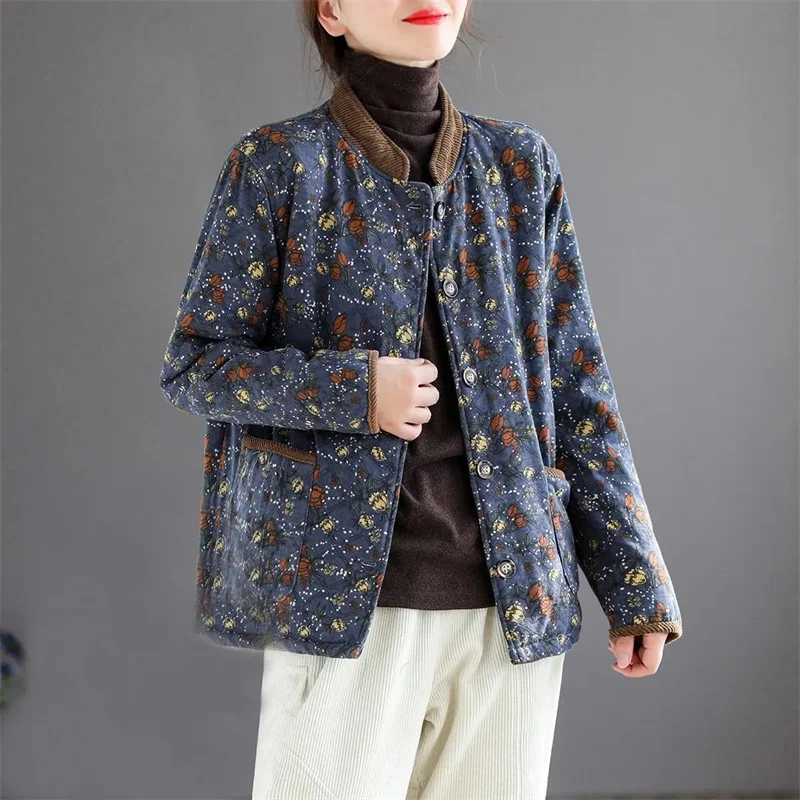 Cotton Jacket Women High-end Cotton Jacket Women Autumn Winter Korean Foreign Style Warm Cotton Coat Mothers Printed Stitching