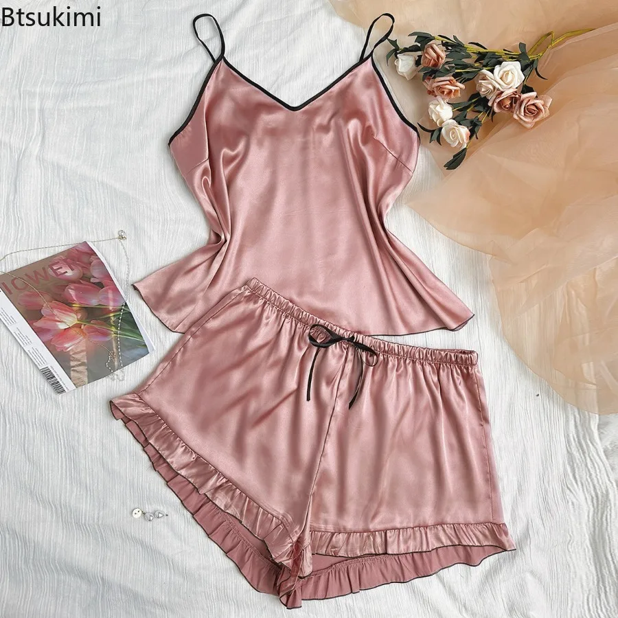 New 2025 Women's Ice Silk Pajama Sets Solid Color Sleeveless Top and Shorts 2 Pieces Female Sleepwear Elastic Waist Nightwear