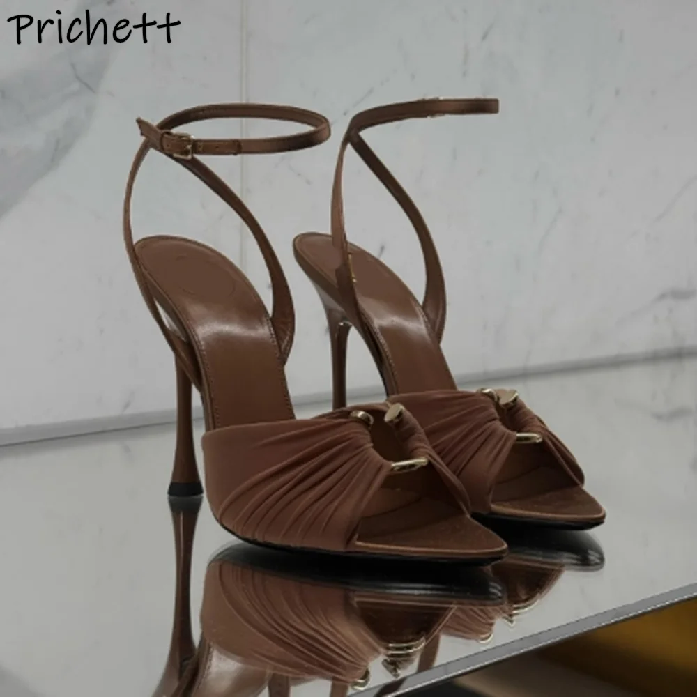 

Brown Black Metal Decoration Sandals Ankle Band Thin Heels Solid Elegant Summer Shoes Sexy Summer Stiletto Peep Toe Sandals