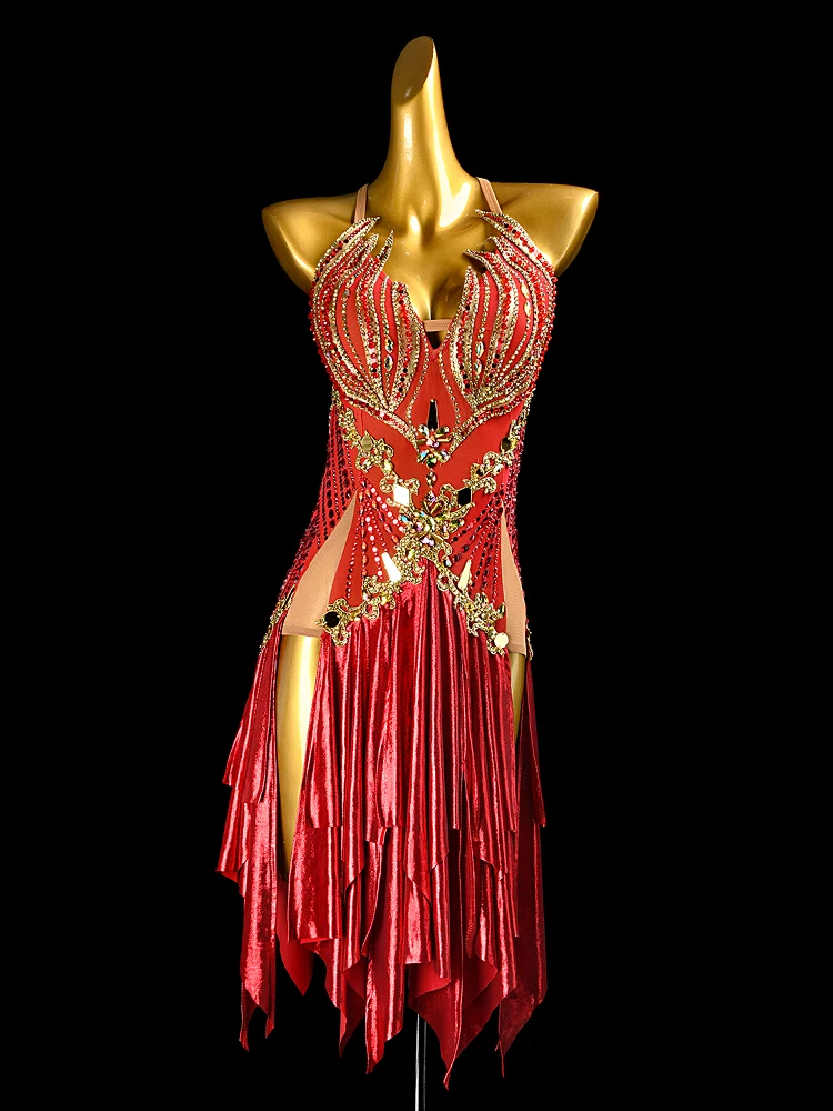 ET Red Samba латинские костюмы с открытой спиной, танцевальное спортивное платье для соревнований, драпированной юбкой, кружевной аппликацией и золотыми камнями