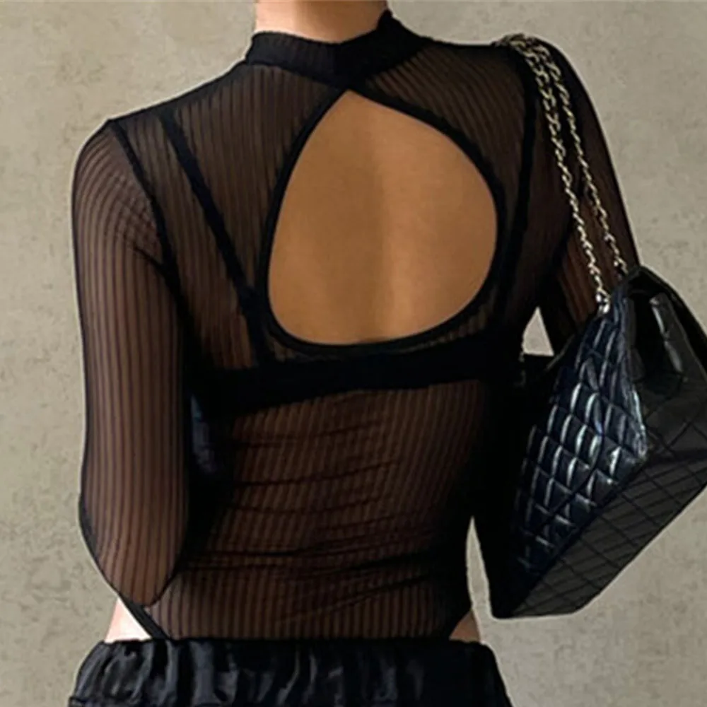 

Retro Stripe Mesh Rompers Women Transparent Long Sleeve Bodycon Slim Jumpsuits Sexy Tight Mesh Bodystocking Streetwear Bodysuits