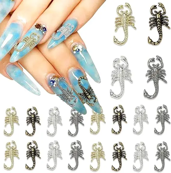 20Pcs Y2K Snake Scorpion Alloy Nail Art Decoration Retro Dark Gold Silver Gun Black Scorpion  Arylic Press On Nails Charms