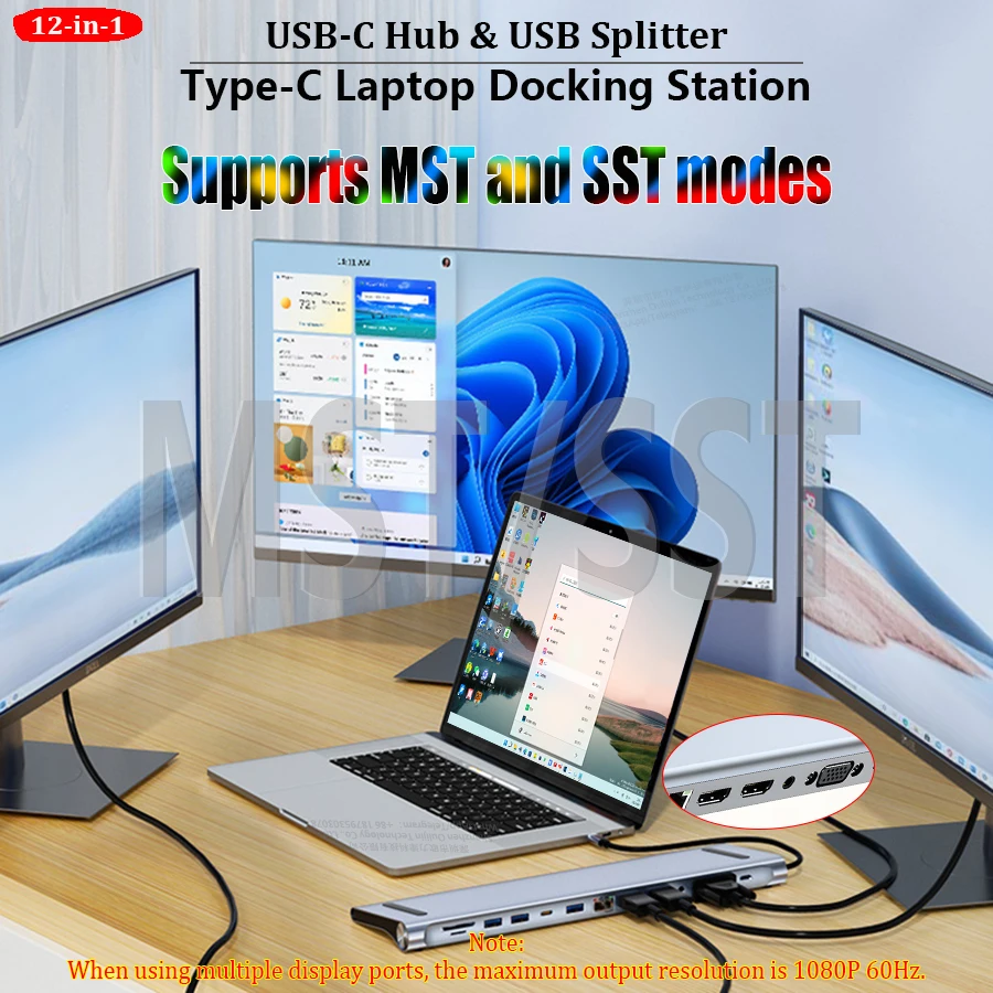 Laptop Docking Station 2/3 Display(with 4K HDMI,VGA,RJ45,PD 100W,3.5 jack,USB A/C,SD,TF),USB C Hub for MacBook Lenovo Dell HP