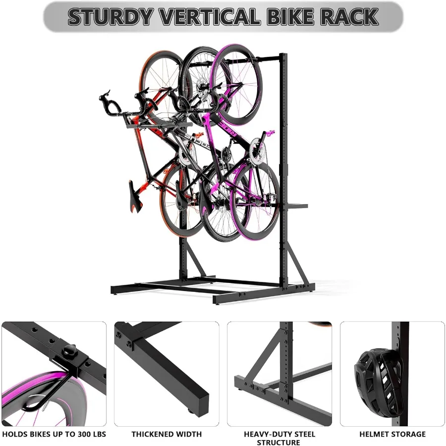 رف دراجة قائم بذاته لتخزين المرآب بسعة 300 رطل، منظم فولاذي عمودي للدراجة مع خطافات متكاملة وحامل خوذة #3