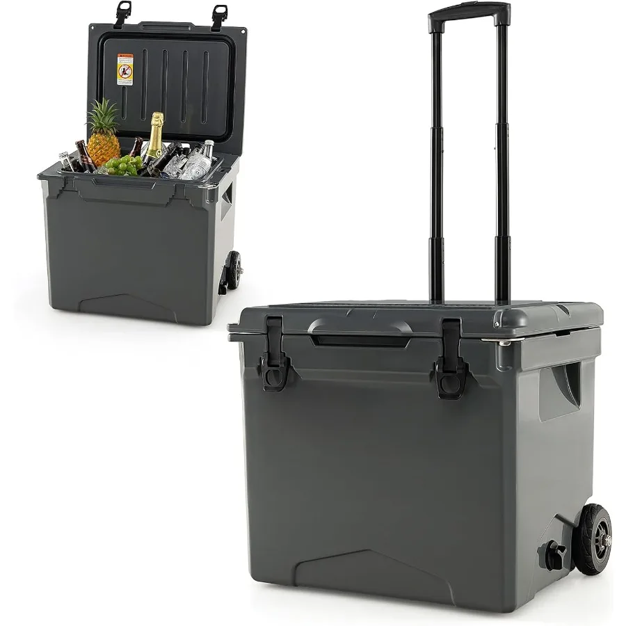 خزانة ثلج معزولة شديدة التحمل مع عجلات ومقابض محمولة لقوارب التخييم والنزهات على الشاطئ تتميز بحامل الأكواب مانع للتسرب