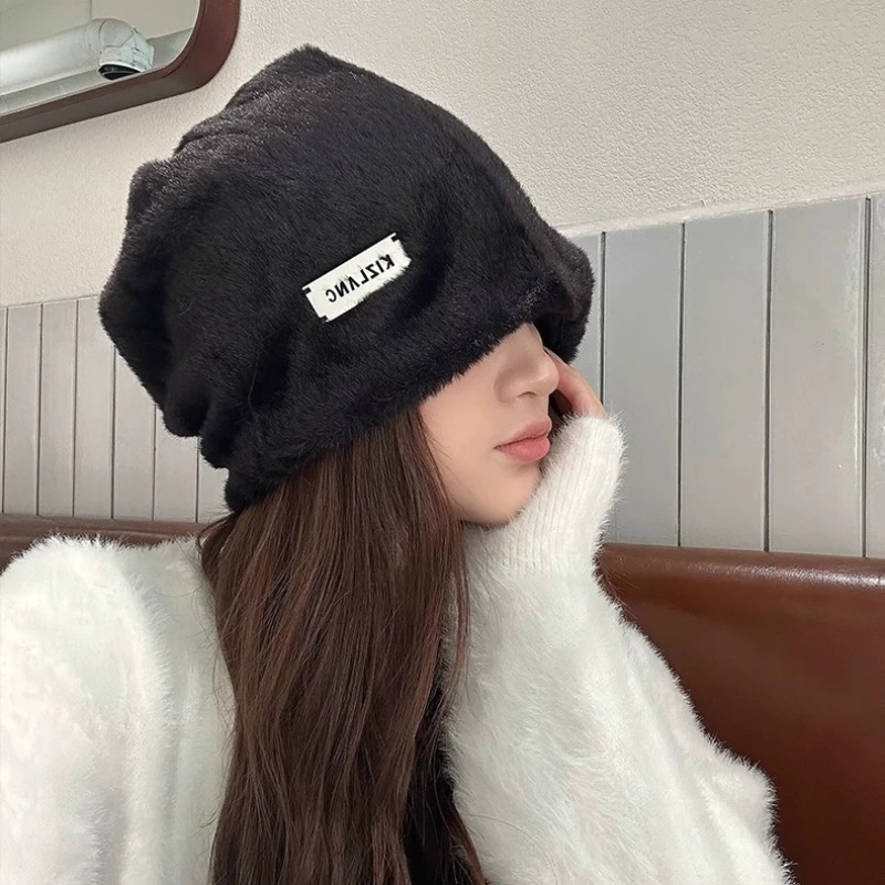 Women New Solid Stacking Hats Winter Warm Plush Beanie Caps Skullies Plush Hat Hairy Ear Protector Cold Hat Thickened Beanies