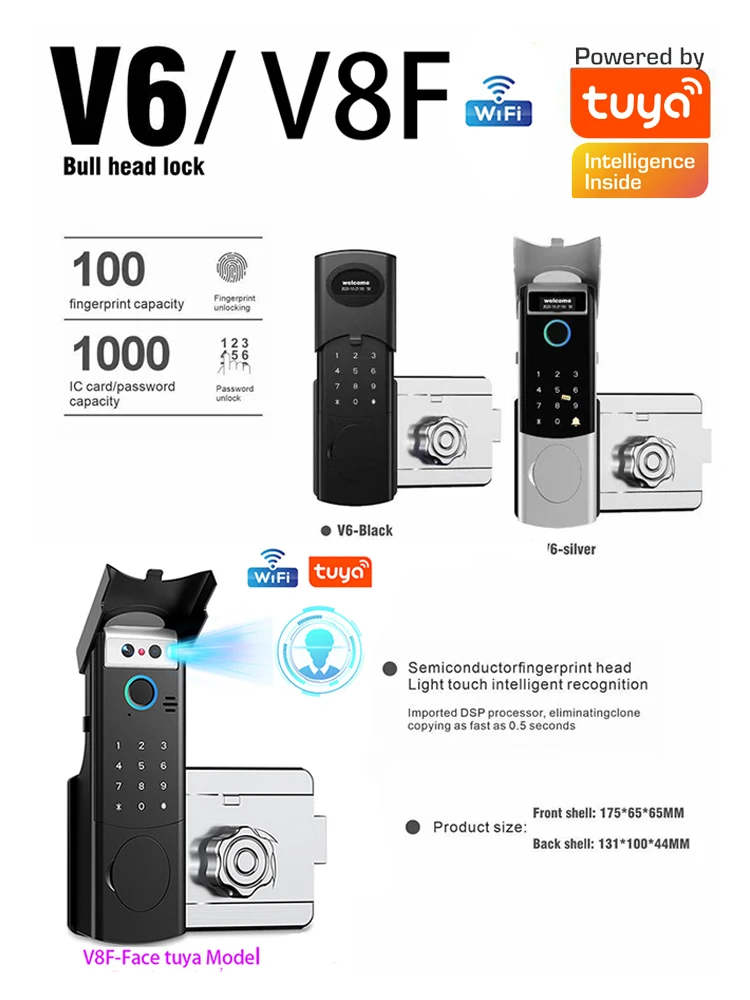 Smart WiFi Door Lock Waterproof Tuya Face Recognition Fingerprint RFID Card Password APP Control Rechargeable Li-Battery Include