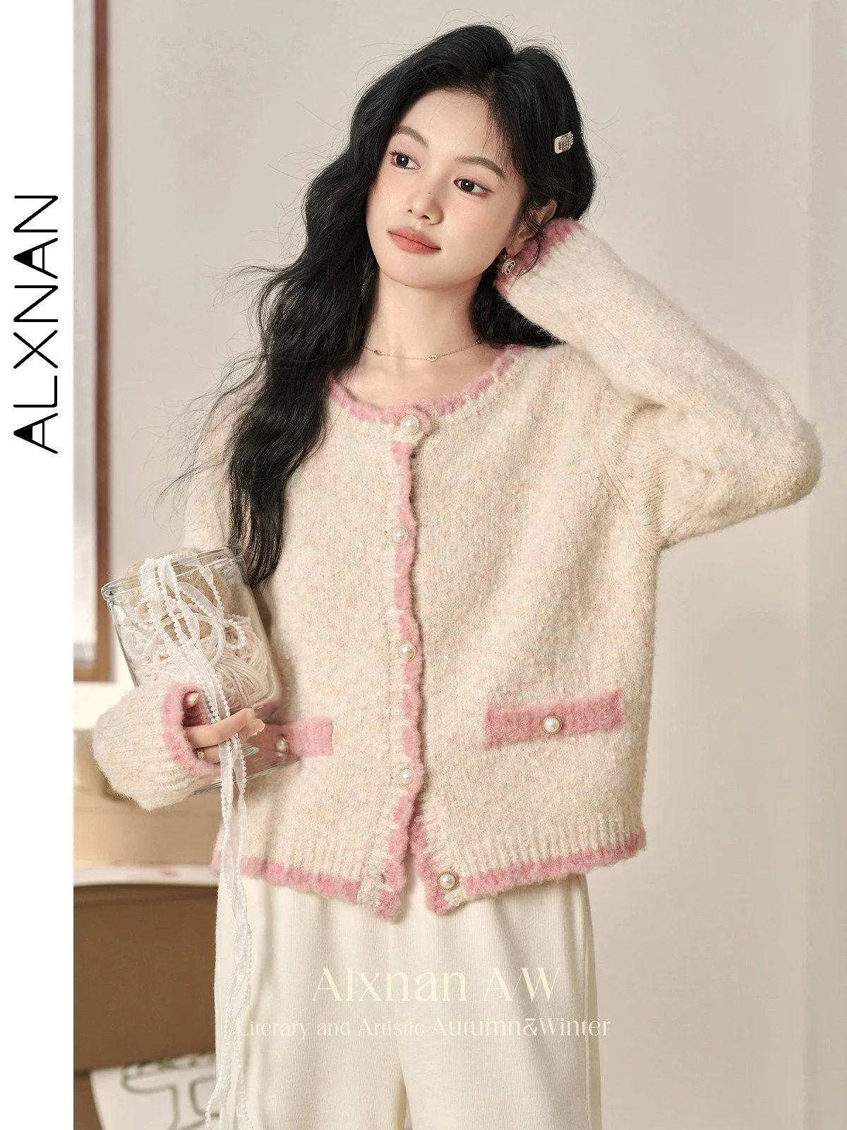 

ALXNAN Women's Languid Sweet Cardigans Gentle Round Collar Long Sleeve Pearl Button 2024 Autumn Winter Loose Knit Sweater L51031