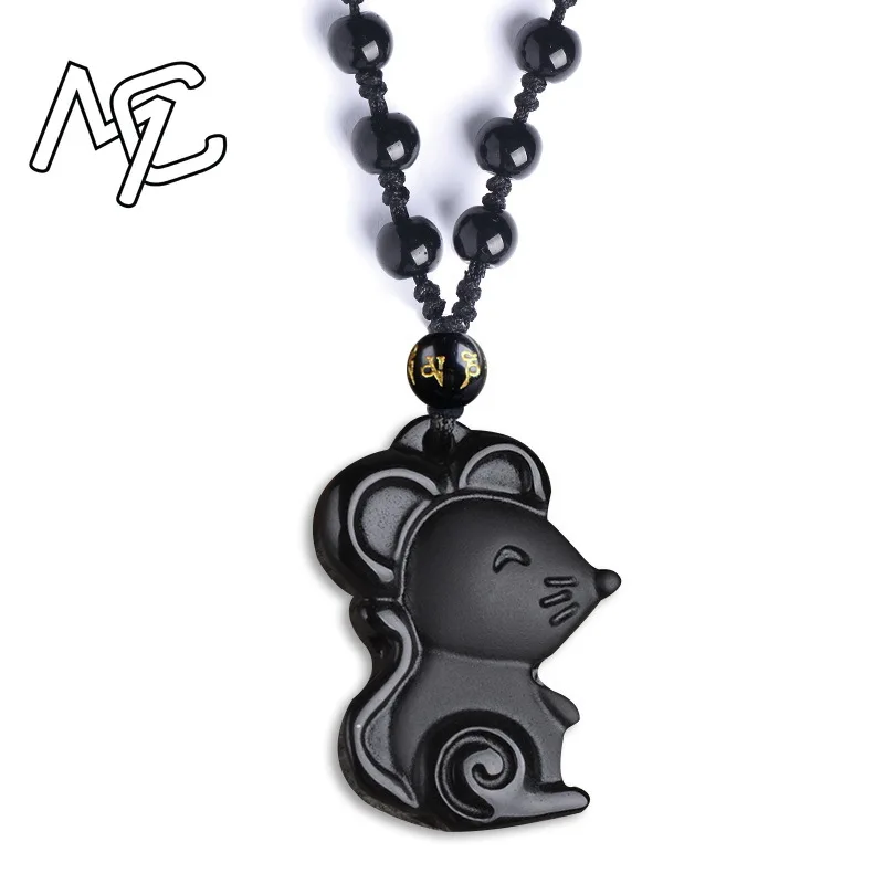 Natural Obsidian Zodiac Mouse Pendant Necklace Charm Jewellery Fashion Hand-Carved Amulet Man Luck Gifts Sweater Chain