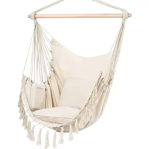 Macrame Hanging Chair with 2 Pillows | 500lb Capacity Cotton Rope Swing | Pocket Design Indoor/Outdoor Use