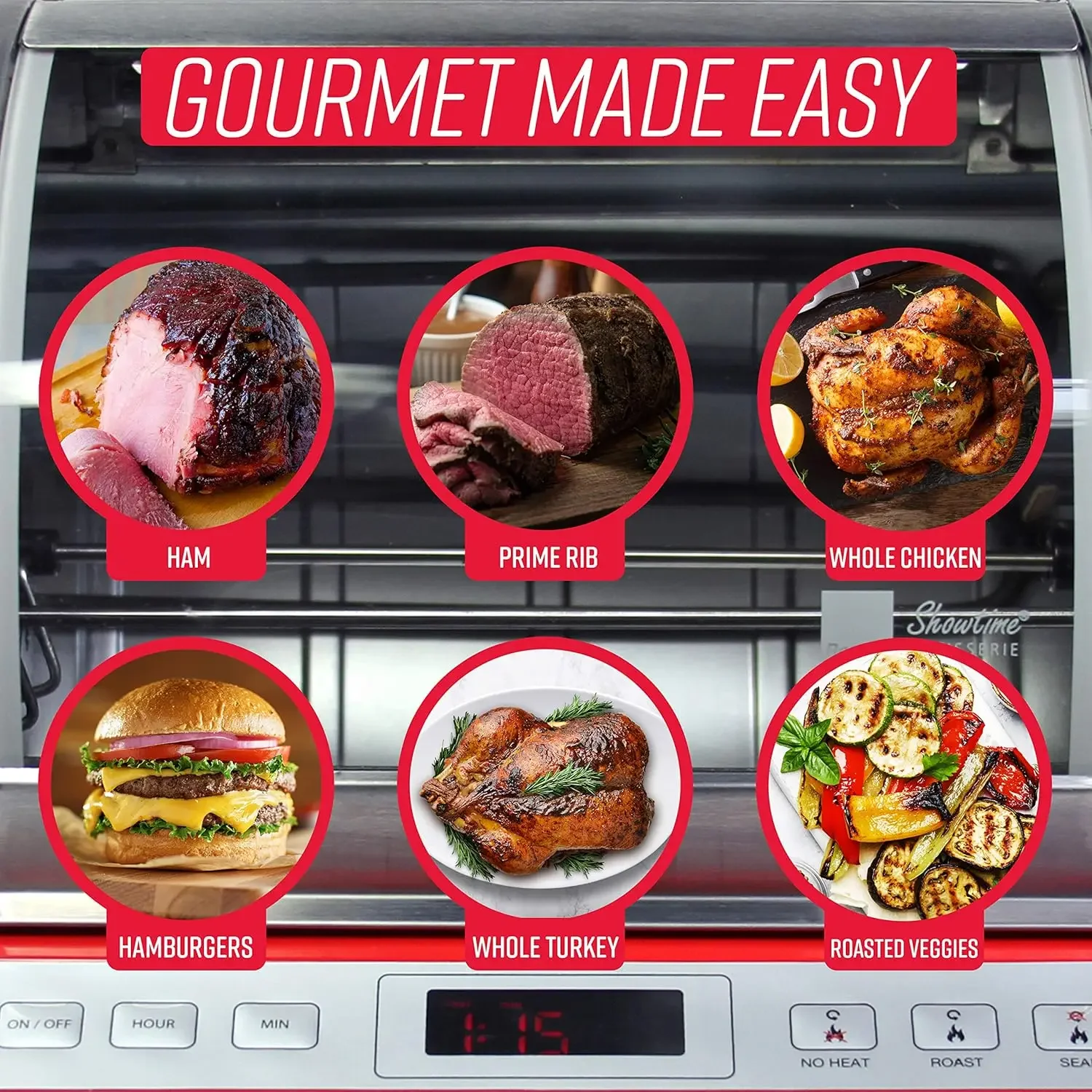 Showtime EZ-Store Large Capacity Rotisserie & BBQ Oven, Digital Controls, Compact Storage, Perfect Preset Rotation Speed, Self-B