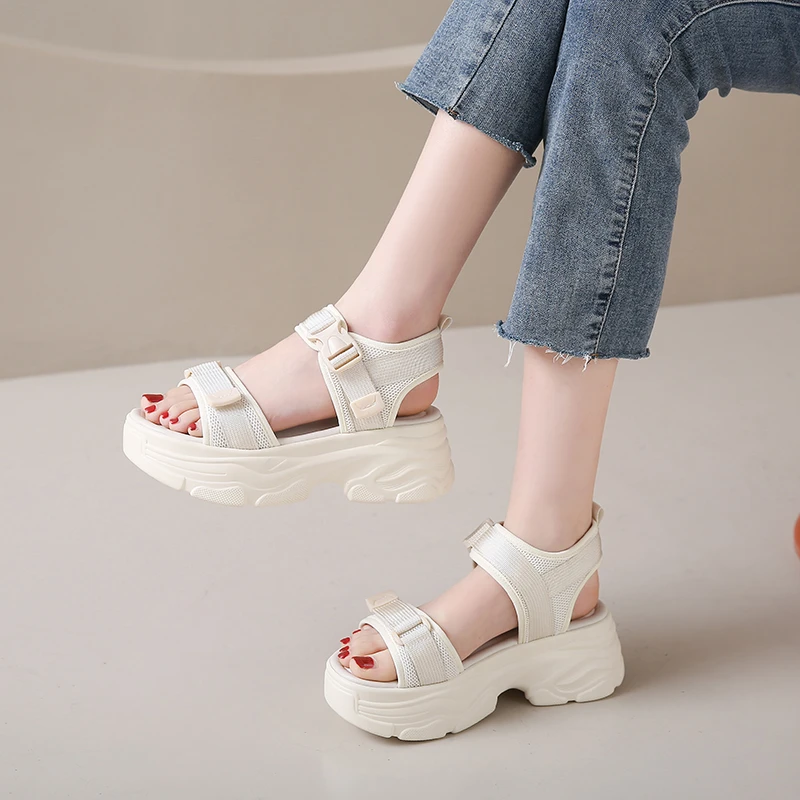 2024 New High Heel Hook&Loop Platform Sandals Women Summer Comfort White Black Sandals Fashion Hot Casual Women Walking Shoes