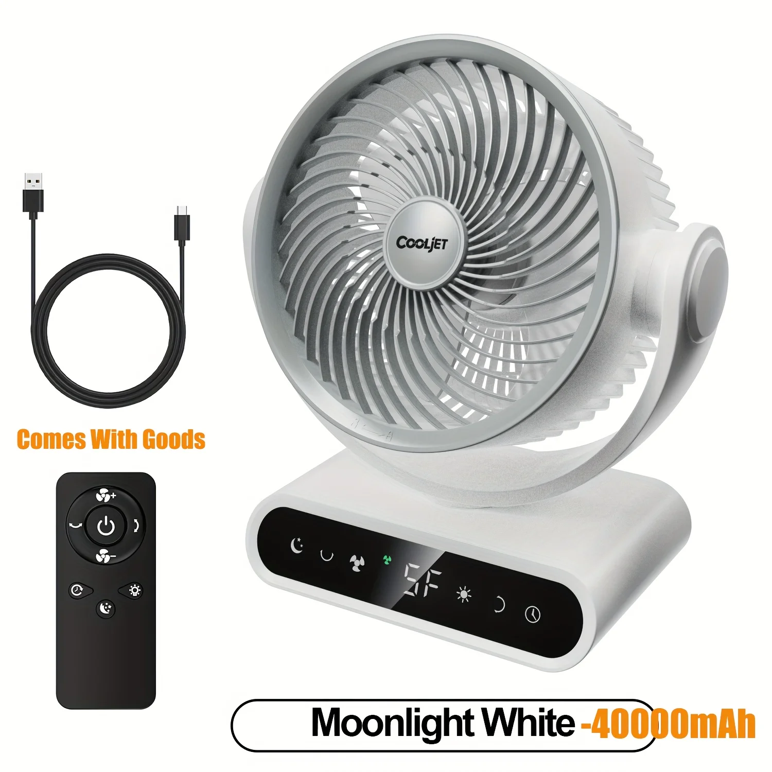 CoolJet 40000mAh Rechargeable Cordless with Remote Control, 9-Inch Large Oscillating Smart Electric , 5-Speed Powerful Air Circulator, 120° Wide-Angle & 90° Vertical Motion, 13H/90H Runtime, -C Fast Charging, & Night Light, Portable for Home, Office