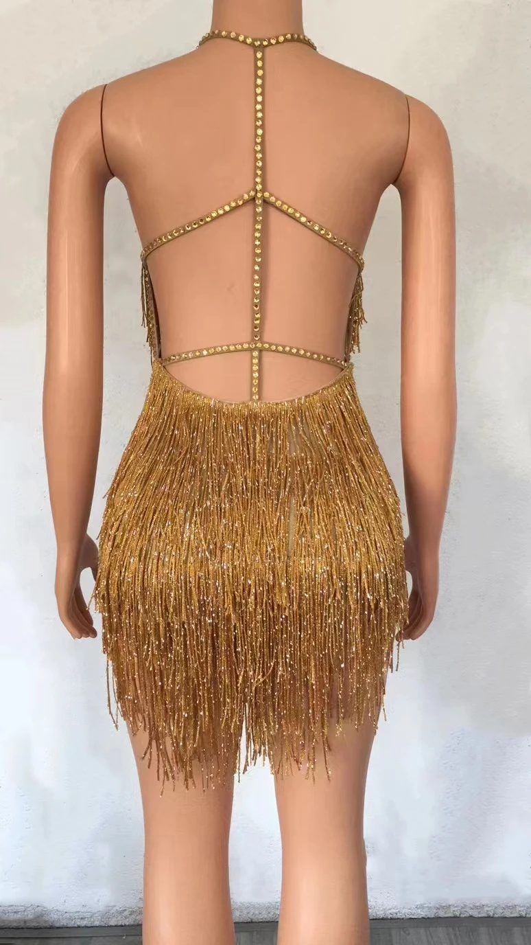 Sexy Stage Gold Fringes Costume Outfit TasselDress Evening Birthday Party Dance WearNightclub Singer Performance Dress A112