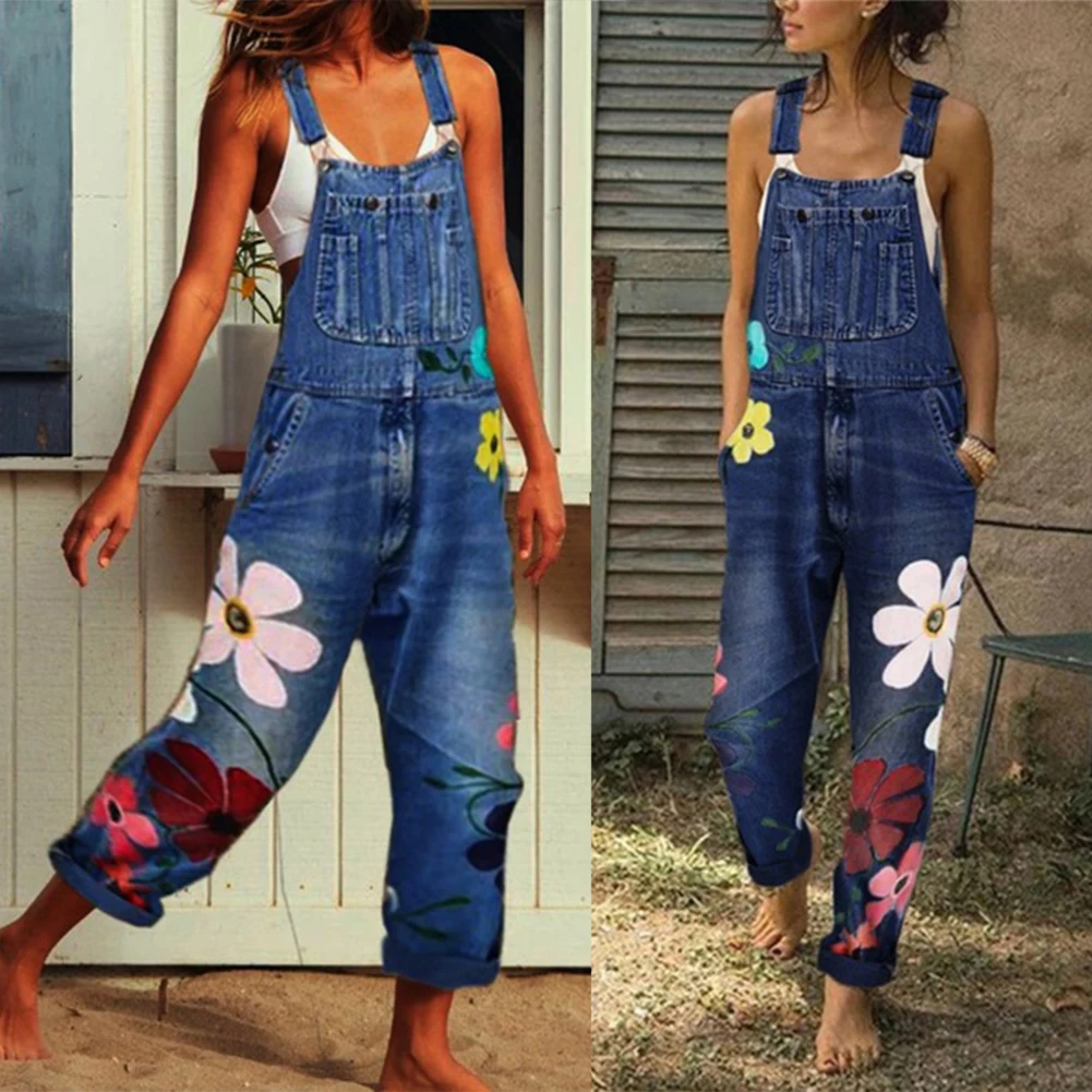 VOLALO S-5XL Overalls for Women Floral Print Pockets Washable Denim Overall Jumpsuit Suspender Trousers Pants Casual Overall