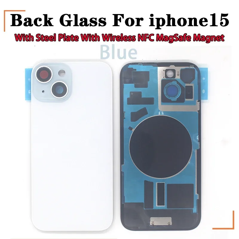 1pcs-5pcs Back Glass with Steel Plate with Wireless NFC MagSafe Magnet for IPhone 15 Original Colour Rear Cover Glass