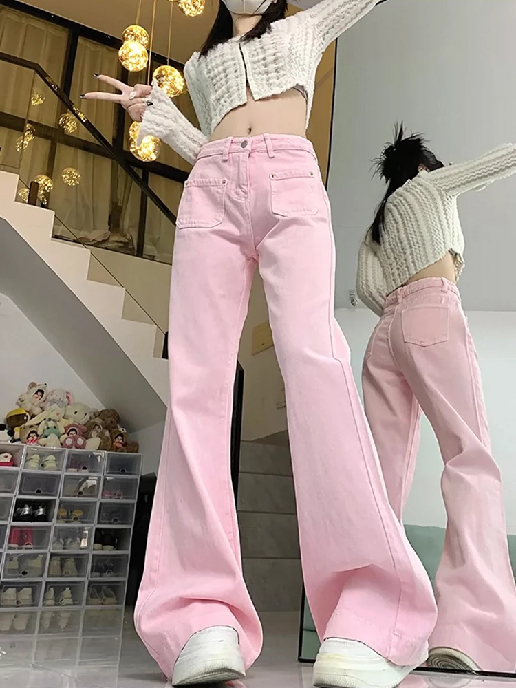 

American Retro Solid Color Slim Women Jeans Pink Simple Basic Fashion Flared Pants Female Spring High Waist Loose Woman Jeans