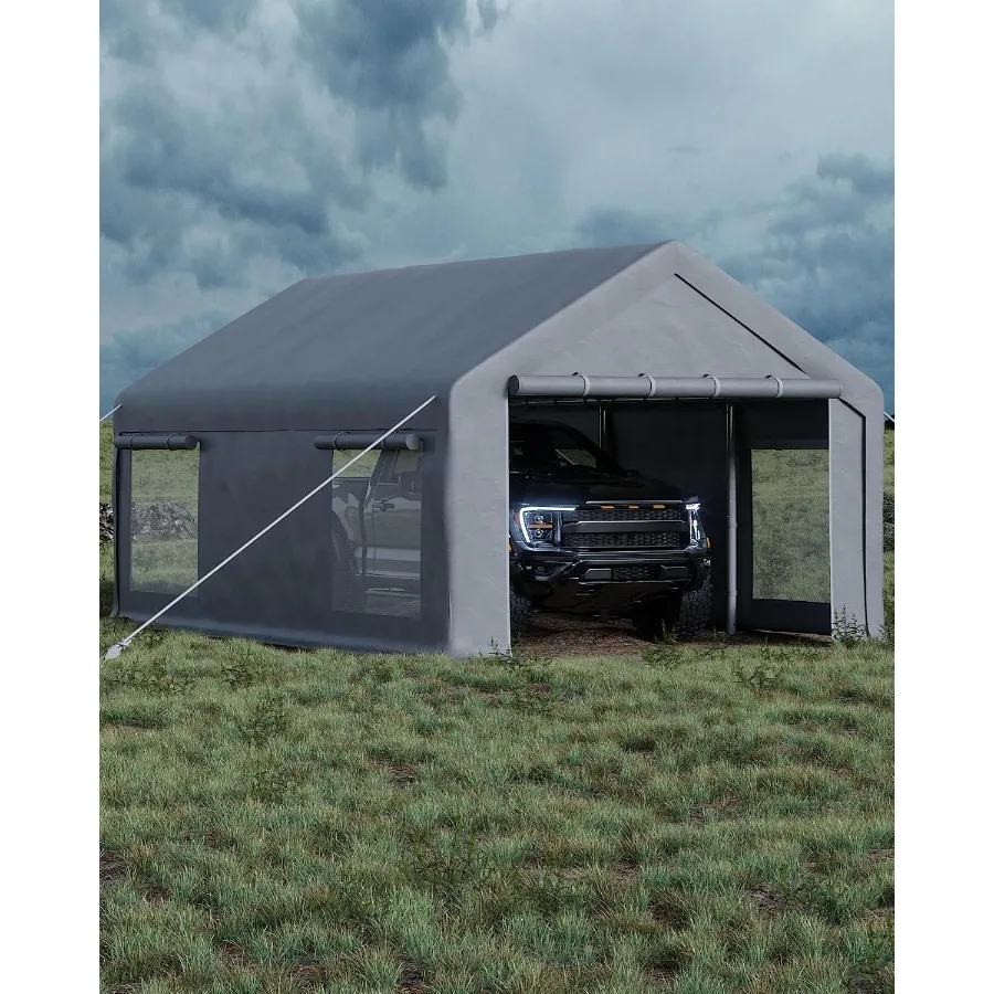 Heavy Duty 10x20 Ft Portable Carport Garage Outdoor Storage Shelter with 200g PE Tarp Canopy, Gray, Weather Resistant for Paint
