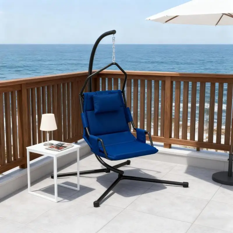 Swing Chair with Steel Frame, Hammock Chair with Stand and Cushion for Indoor & Outdoor Use